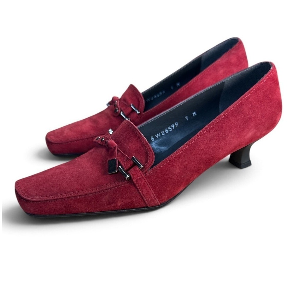 Stuart Weitzman Red Suede Kitten Heel Loafers Square Toe‎ Studded Pumps Size 7 M